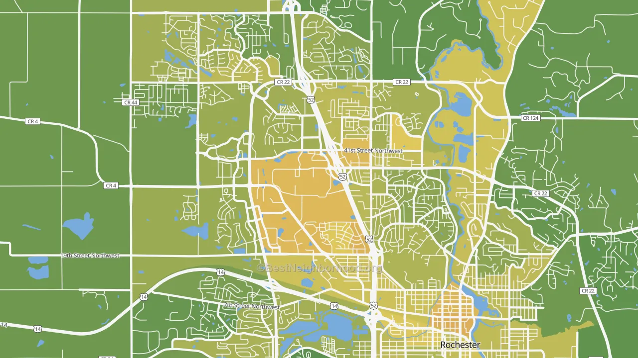 Map of the best neighborhoods in the 55901 area, with better matches in green and worse matches in red