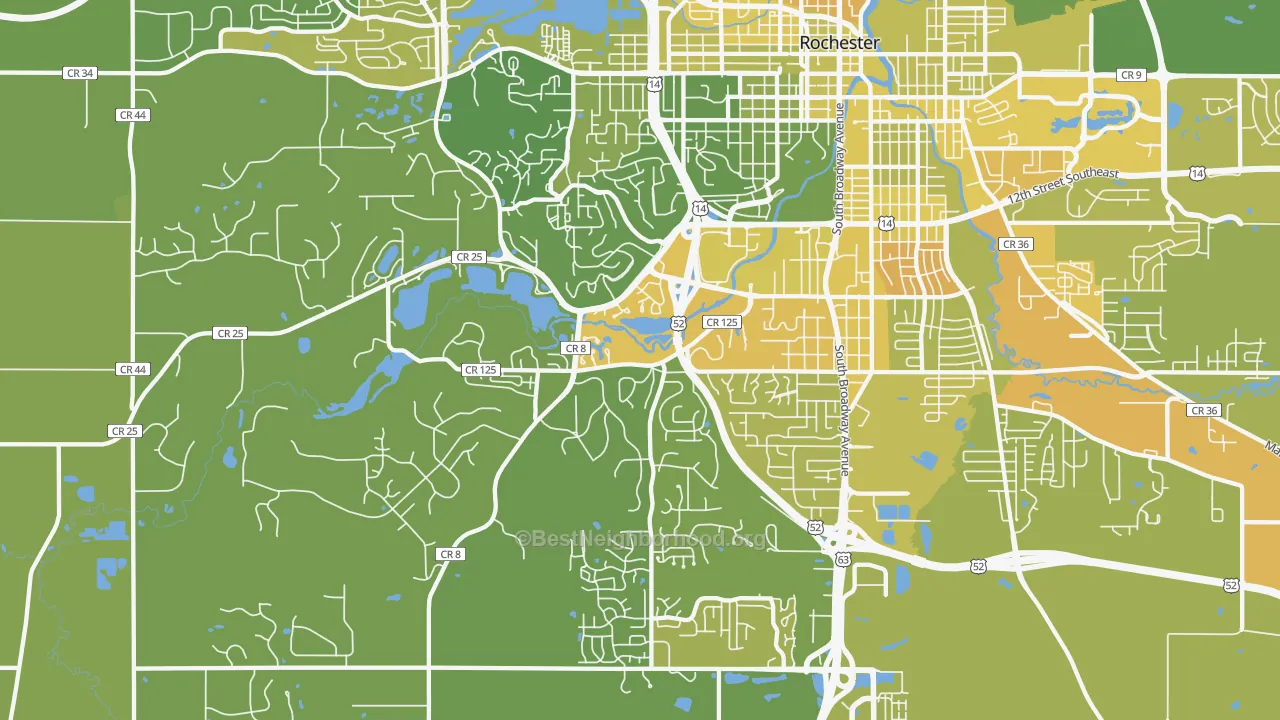 Map of the best neighborhoods in the 55902 area, with better matches in green and worse matches in red