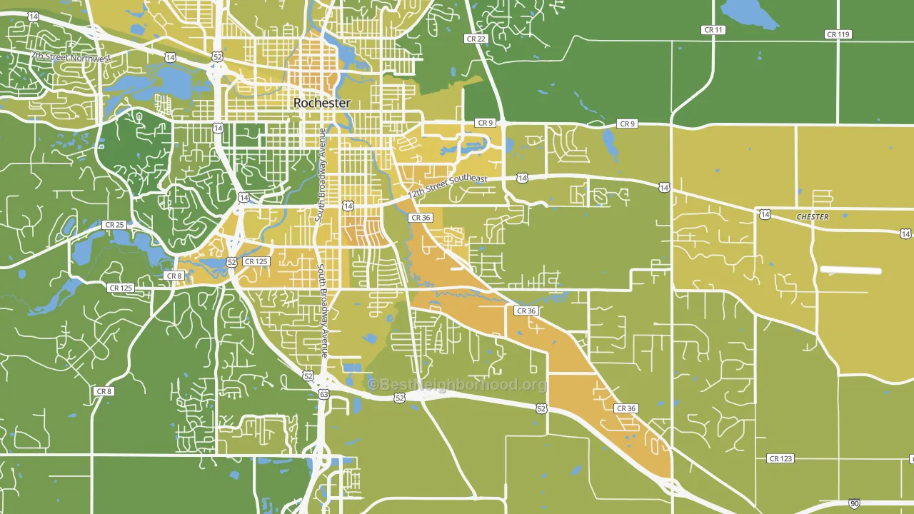 Map of the best neighborhoods in the 55904 area, with better matches in green and worse matches in red