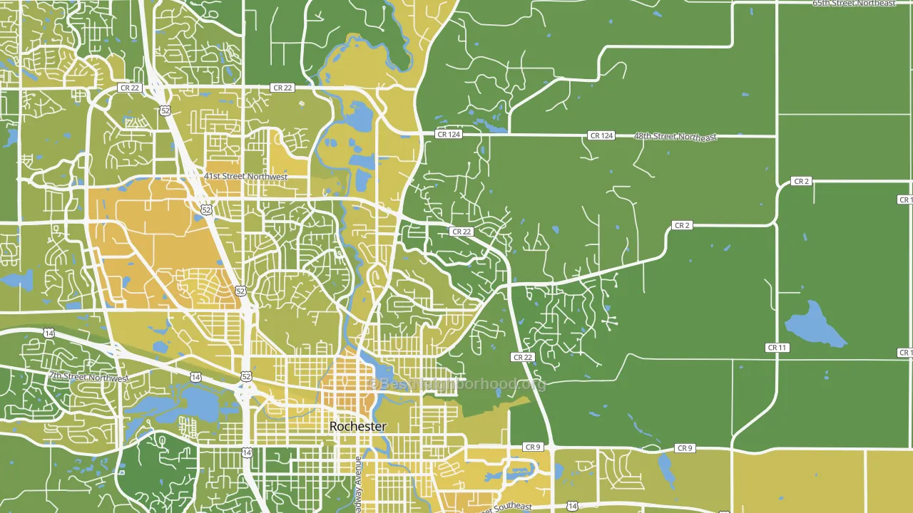 Map of the best neighborhoods in the 55906 area, with better matches in green and worse matches in red