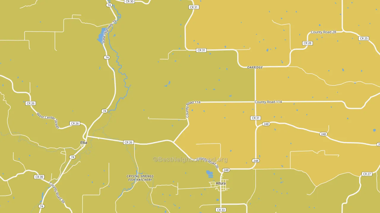 Map of the best neighborhoods in the 55910 area, with better matches in green and worse matches in red