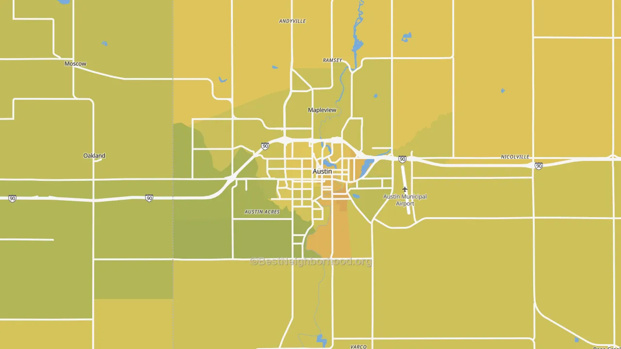 Map of the best neighborhoods in the 55912 area, with better matches in green and worse matches in red