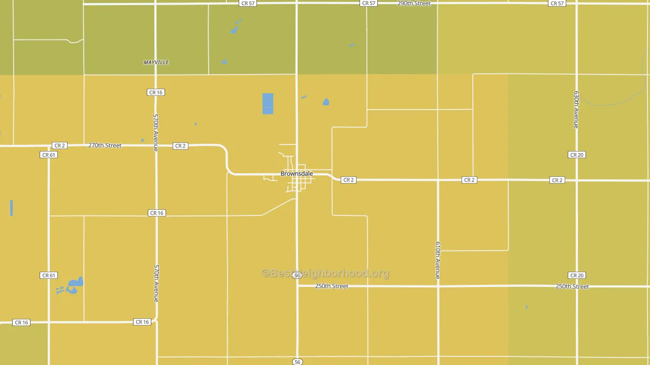 Map of the best neighborhoods in the 55918 area, with better matches in green and worse matches in red