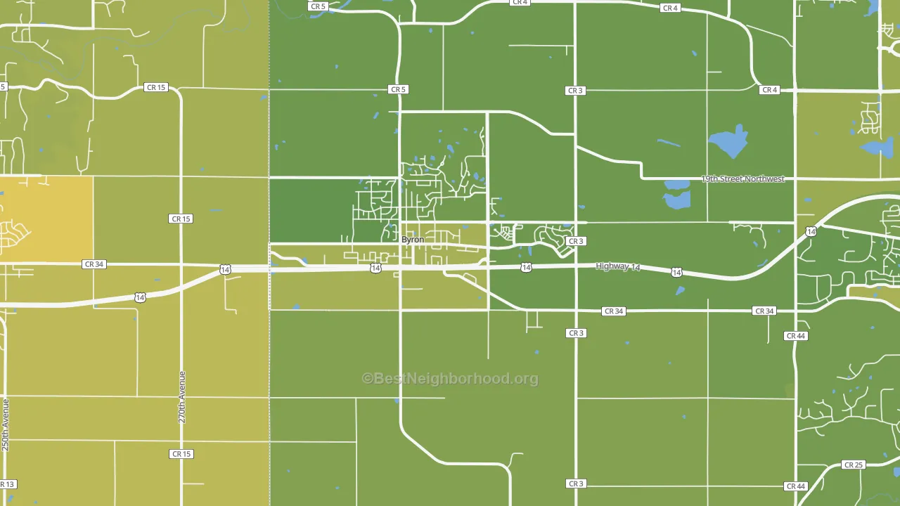 Map of the best neighborhoods in the 55920 area, with better matches in green and worse matches in red