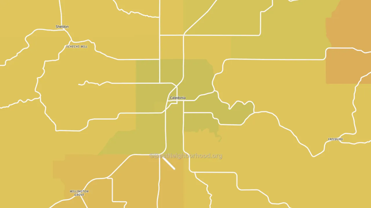 Map of the best neighborhoods in the 55921 area, with better matches in green and worse matches in red