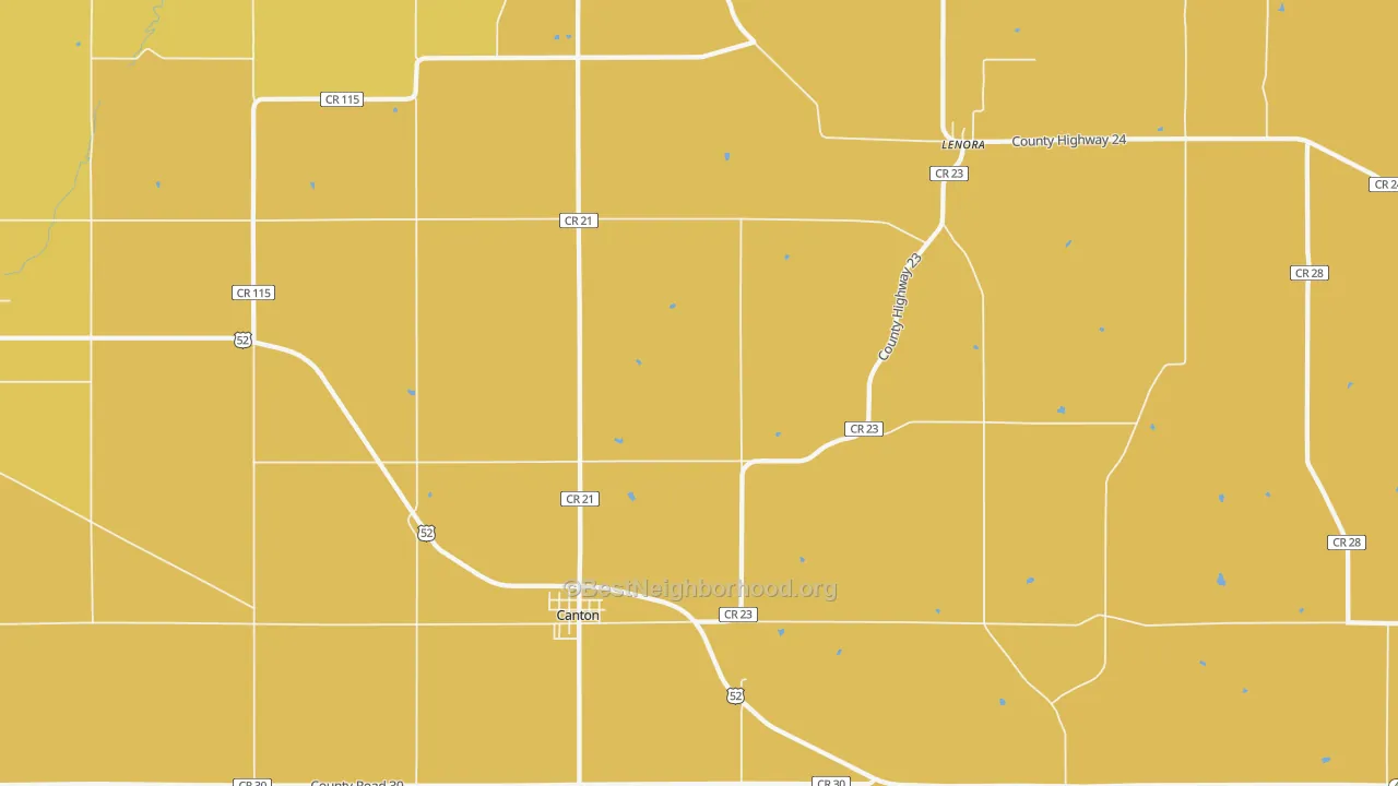 Map of the best neighborhoods in the 55922 area, with better matches in green and worse matches in red