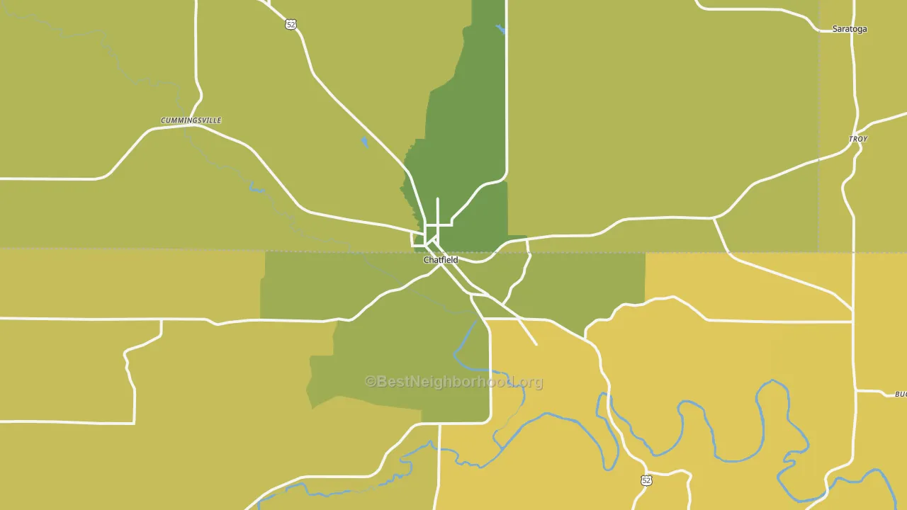 Map of the best neighborhoods in the 55923 area, with better matches in green and worse matches in red