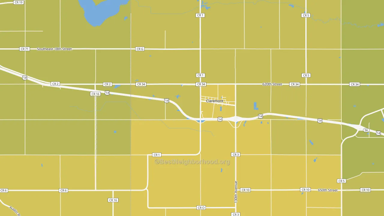 Map of the best neighborhoods in the 55924 area, with better matches in green and worse matches in red