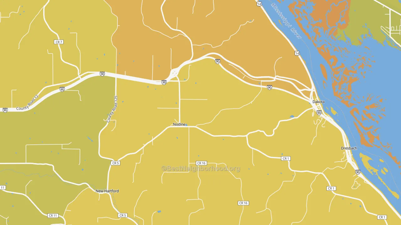 Map of the best neighborhoods in the 55925 area, with better matches in green and worse matches in red