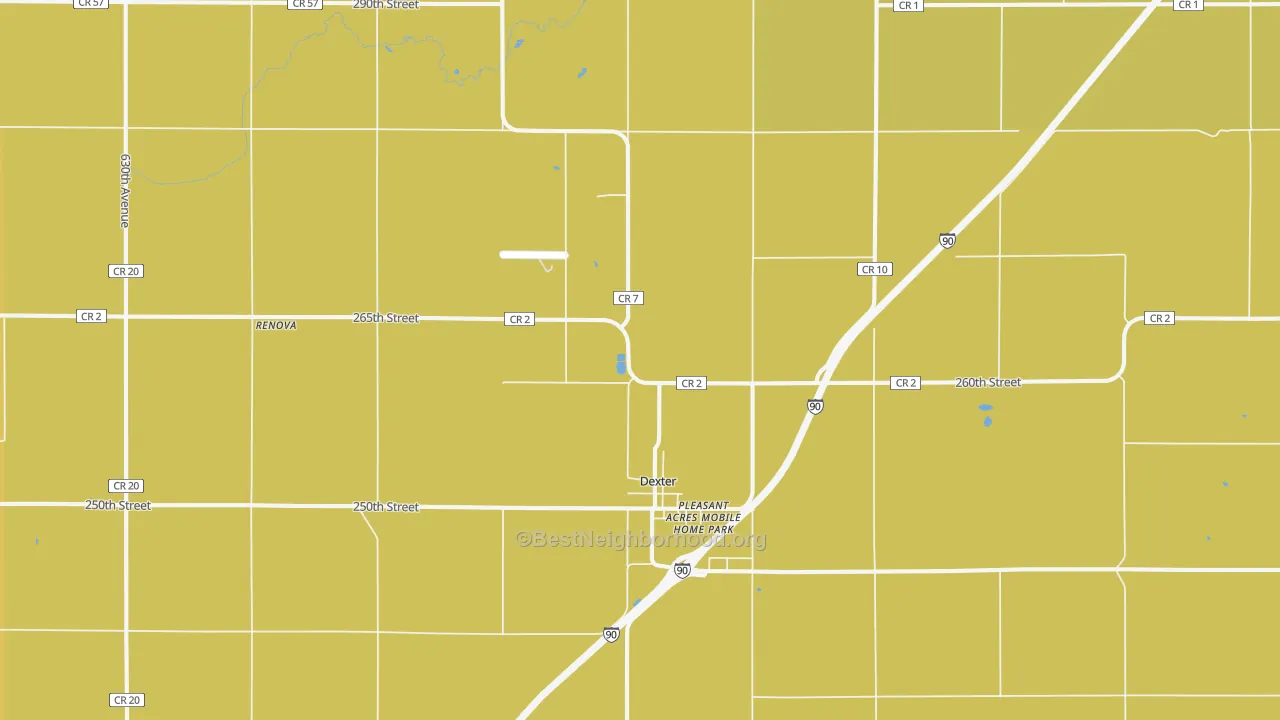 Map of the best neighborhoods in the 55926 area, with better matches in green and worse matches in red