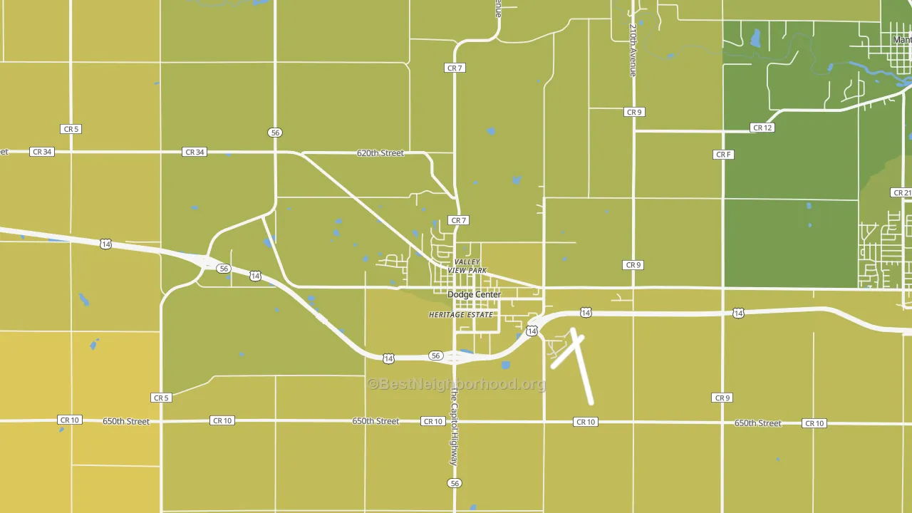Map of the best neighborhoods in the 55927 area, with better matches in green and worse matches in red