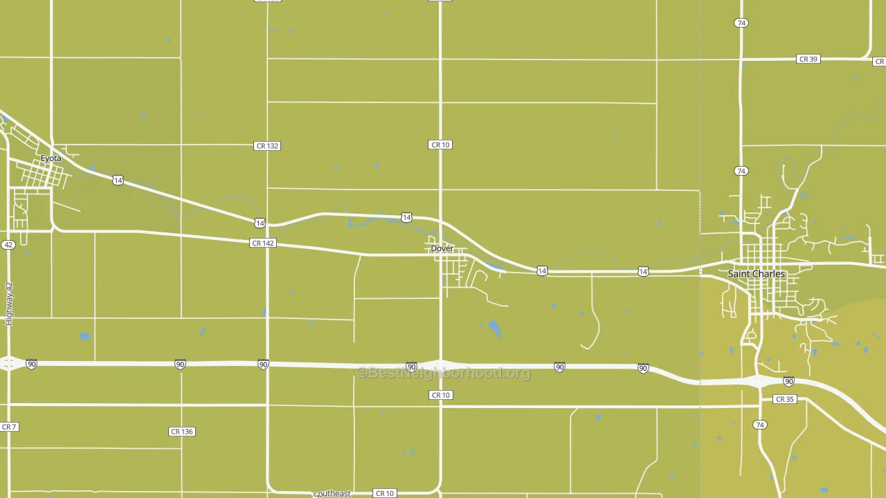 Map of the best neighborhoods in the 55929 area, with better matches in green and worse matches in red
