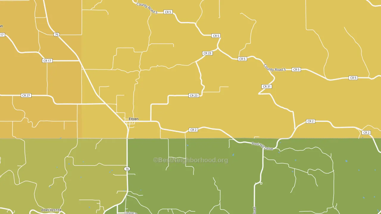 Map of the best neighborhoods in the 55931 area, with better matches in green and worse matches in red