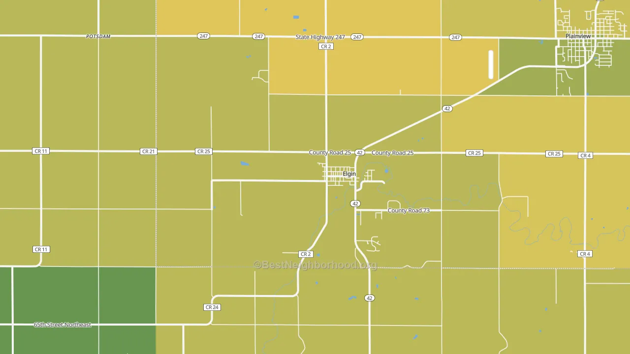 Map of the best neighborhoods in the 55932 area, with better matches in green and worse matches in red