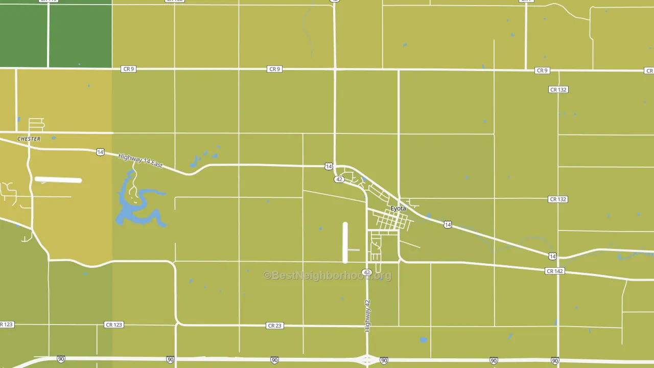 Map of the best neighborhoods in the 55934 area, with better matches in green and worse matches in red