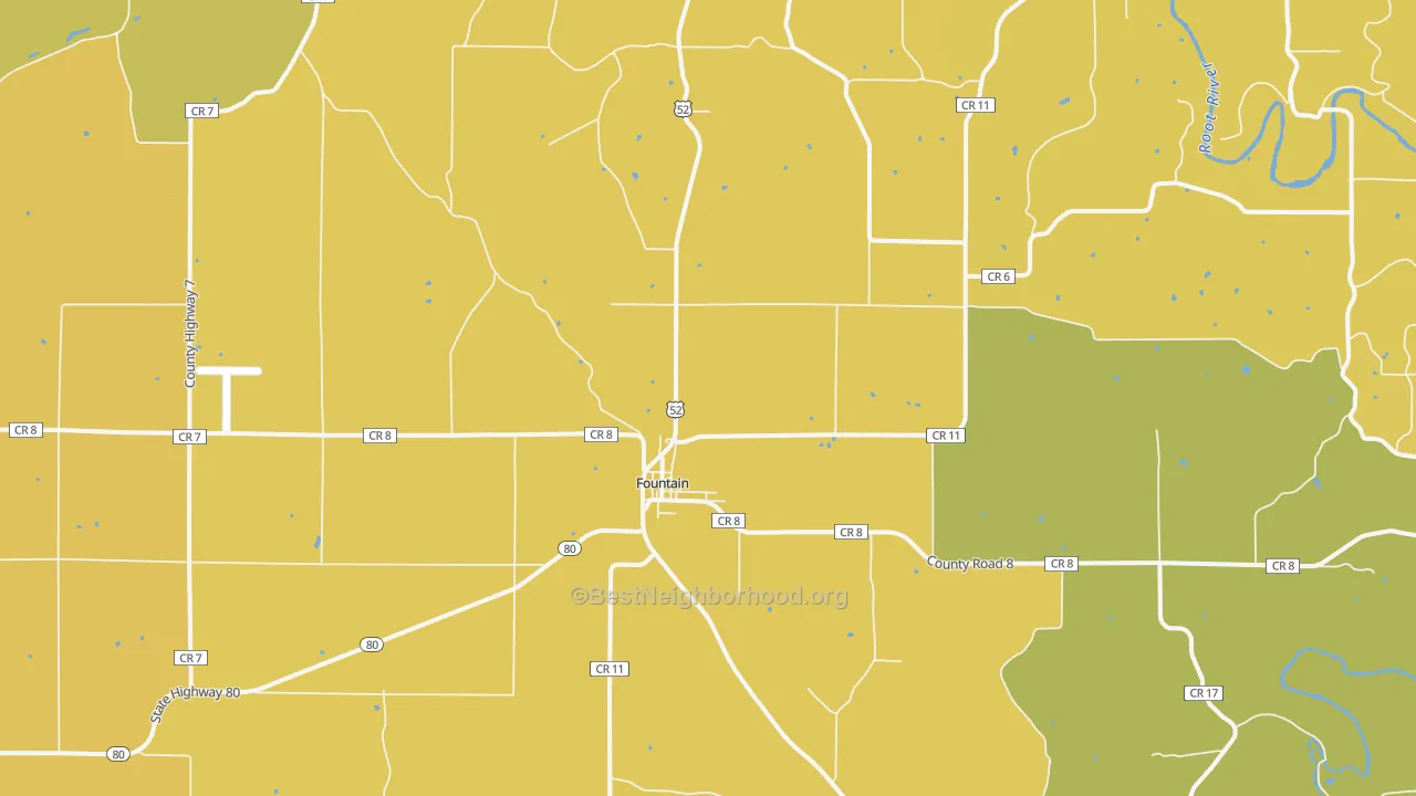 Map of the best neighborhoods in the 55935 area, with better matches in green and worse matches in red
