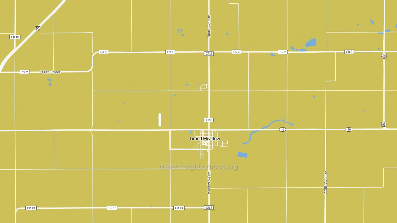 Map of the best neighborhoods in the 55936 area, with better matches in green and worse matches in red