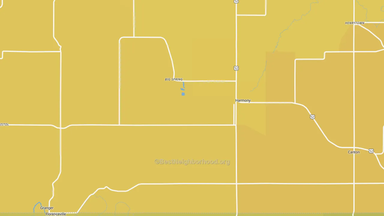 Map of the best neighborhoods in the 55939 area, with better matches in green and worse matches in red