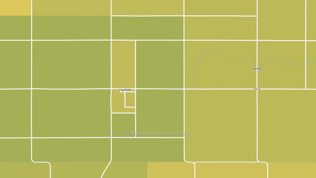 Map of the best neighborhoods in the 55940 area, with better matches in green and worse matches in red