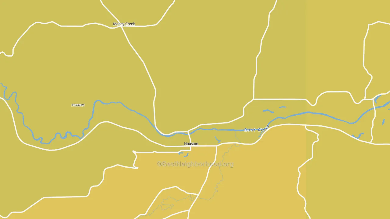 Map of the best neighborhoods in the 55943 area, with better matches in green and worse matches in red