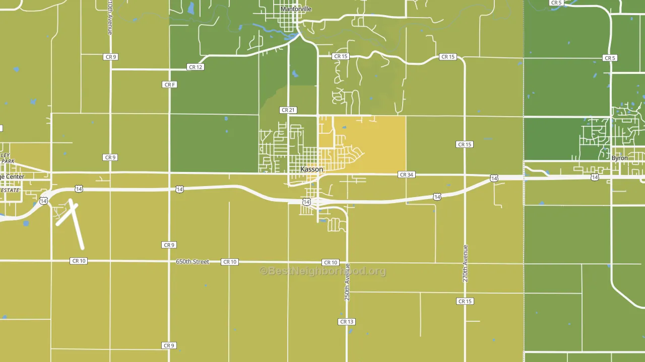 Map of the best neighborhoods in the 55944 area, with better matches in green and worse matches in red