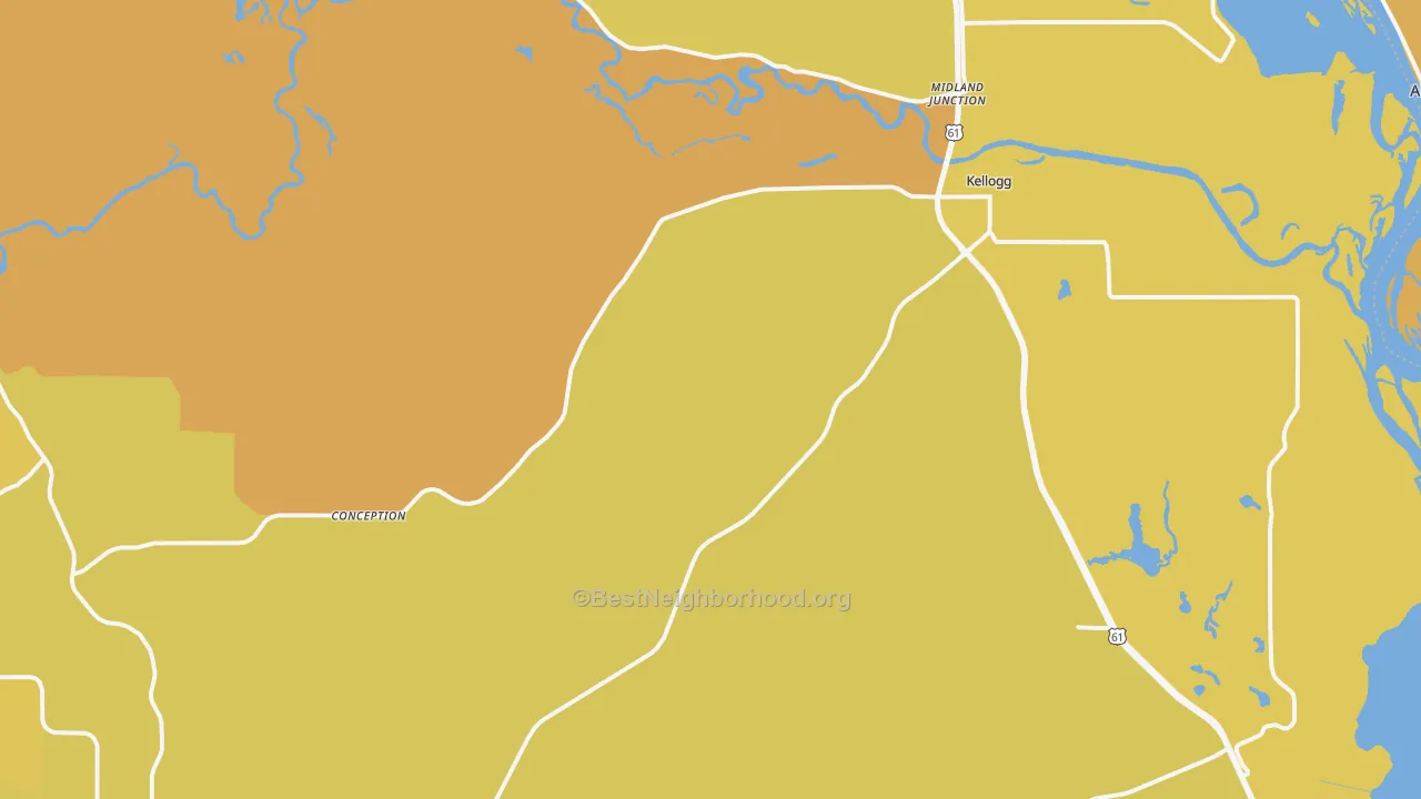 Map of the best neighborhoods in the 55945 area, with better matches in green and worse matches in red