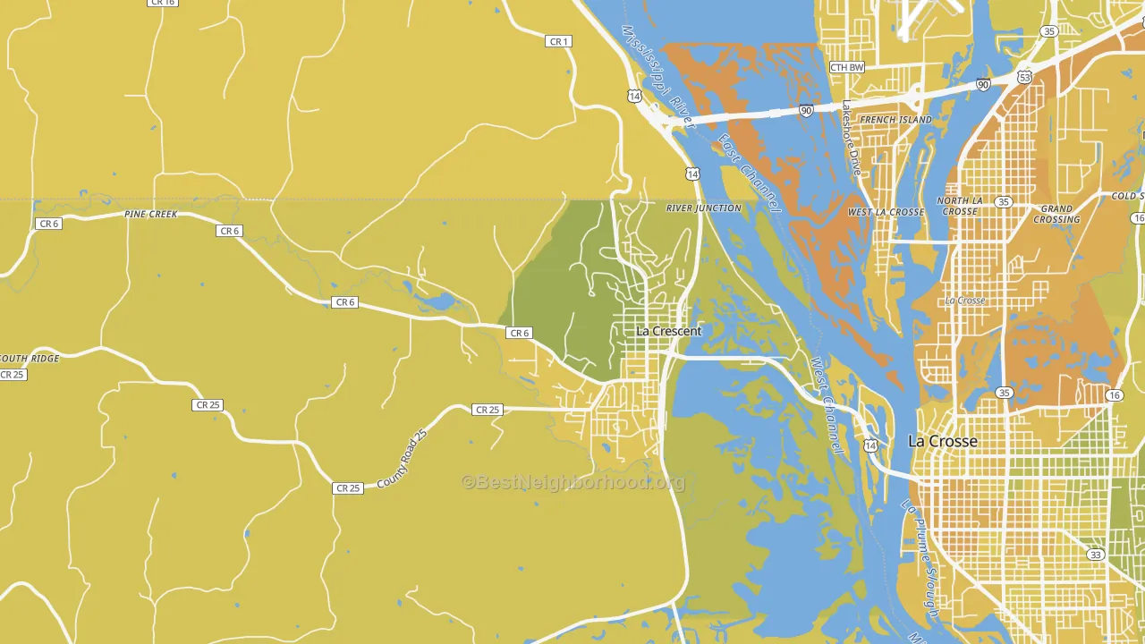 Map of the best neighborhoods in the 55947 area, with better matches in green and worse matches in red