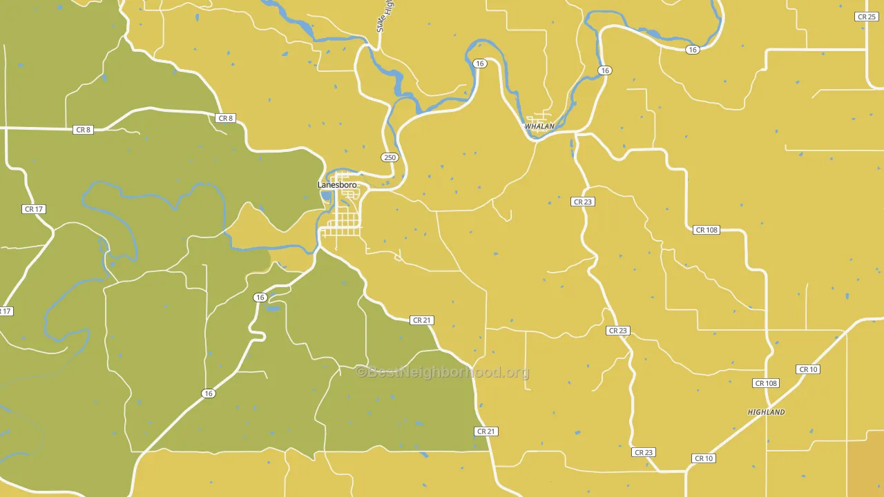 Map of the best neighborhoods in the 55949 area, with better matches in green and worse matches in red