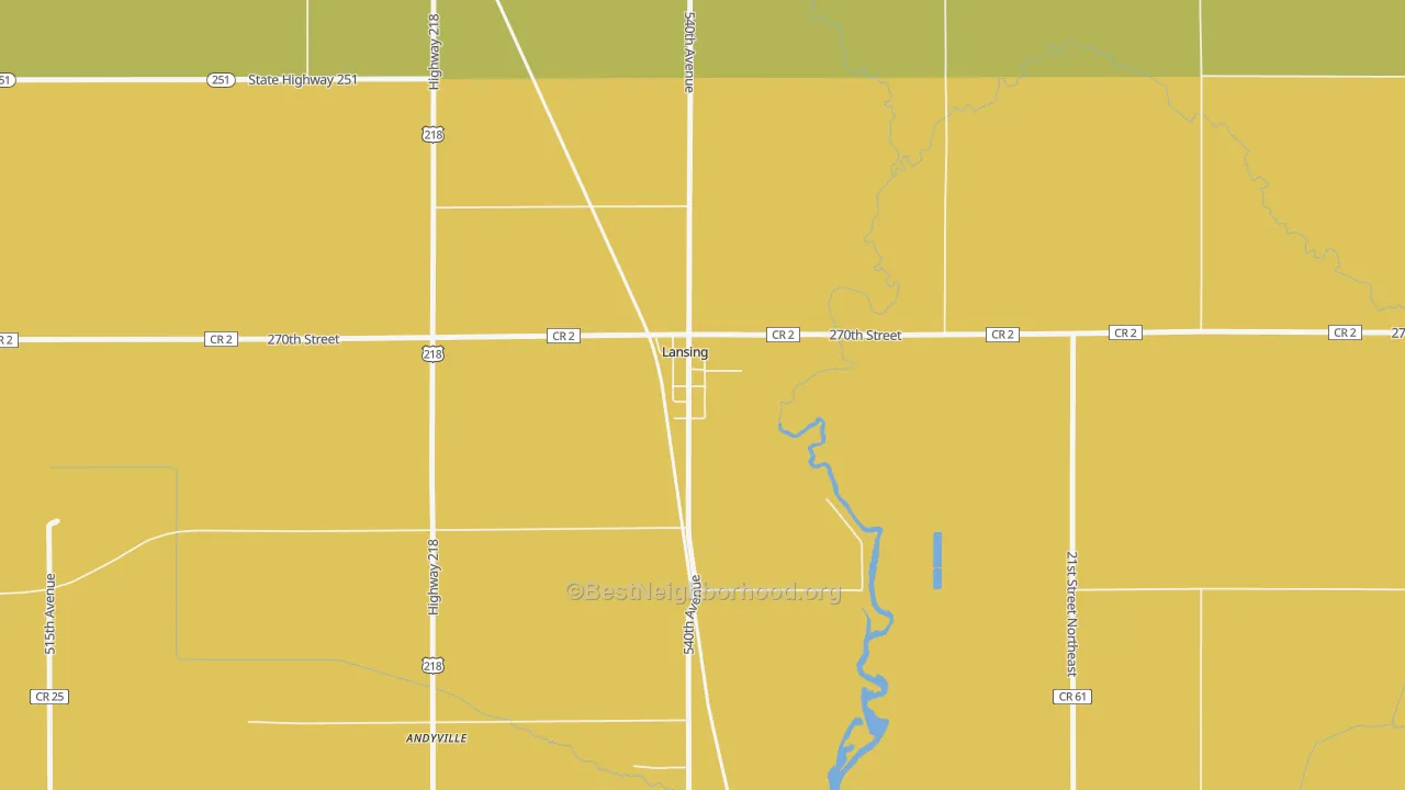 Map of the best neighborhoods in the 55950 area, with better matches in green and worse matches in red