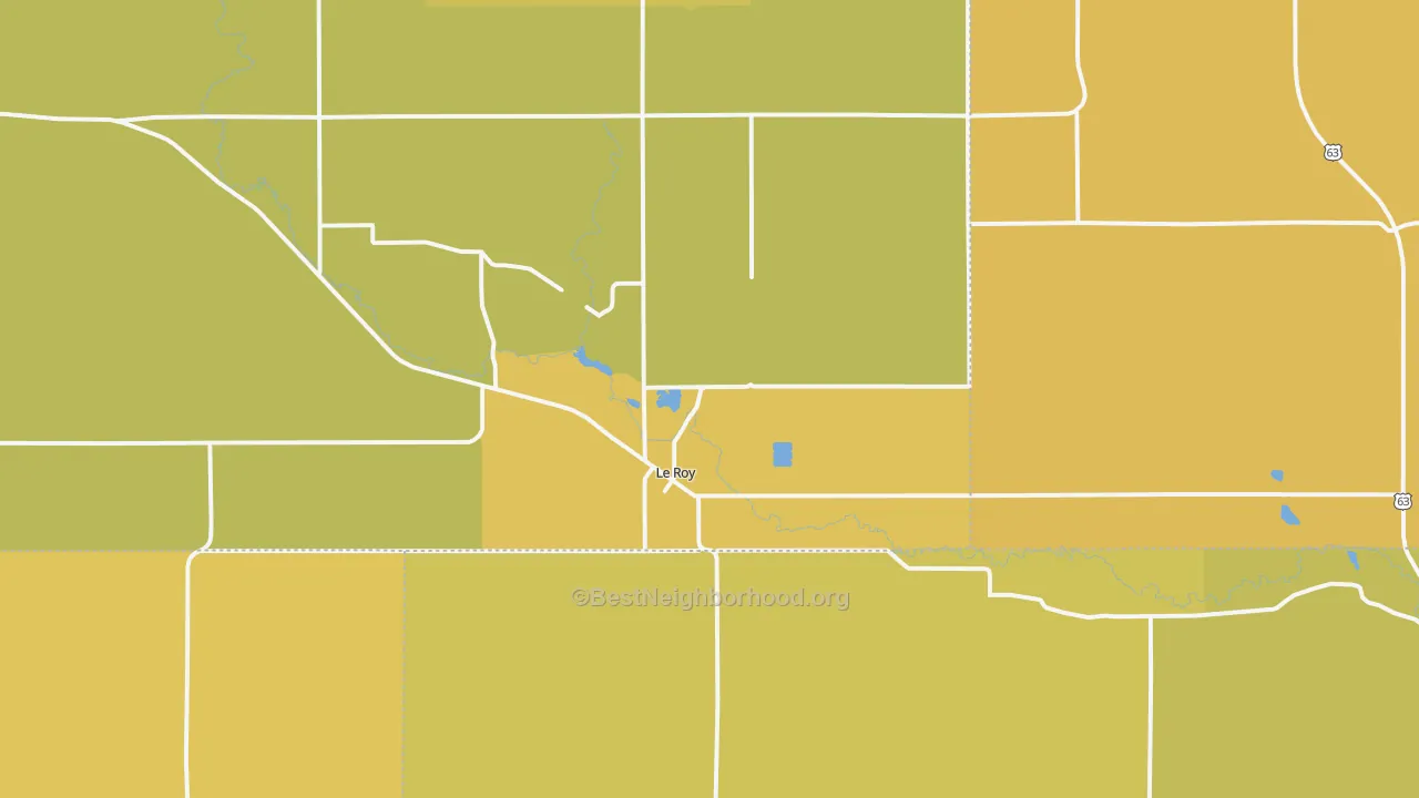 Map of the best neighborhoods in the 55951 area, with better matches in green and worse matches in red