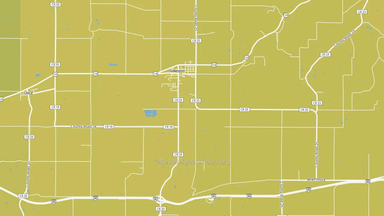 Map of the best neighborhoods in the 55952 area, with better matches in green and worse matches in red
