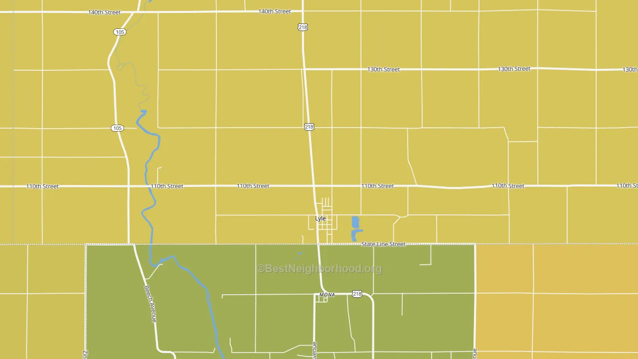 Map of the best neighborhoods in the 55953 area, with better matches in green and worse matches in red