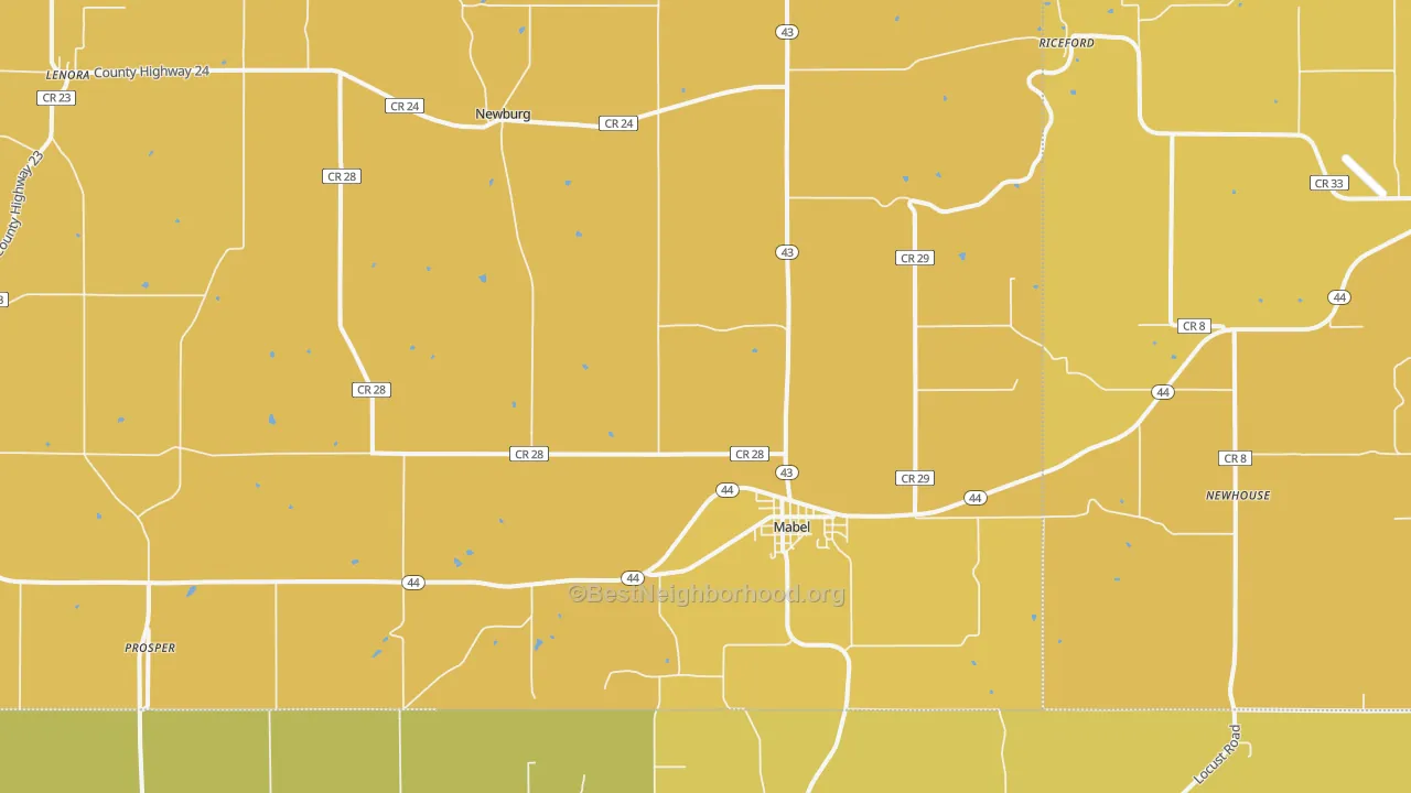 Map of the best neighborhoods in the 55954 area, with better matches in green and worse matches in red