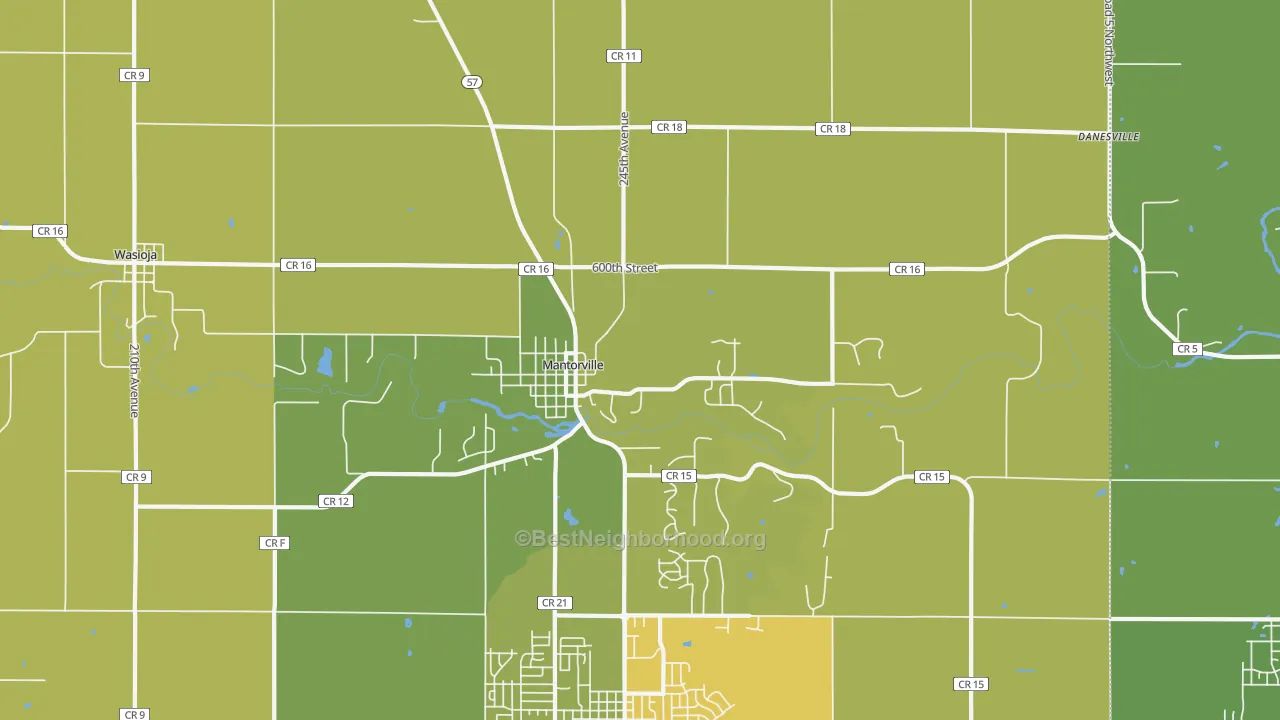 Map of the best neighborhoods in the 55955 area, with better matches in green and worse matches in red