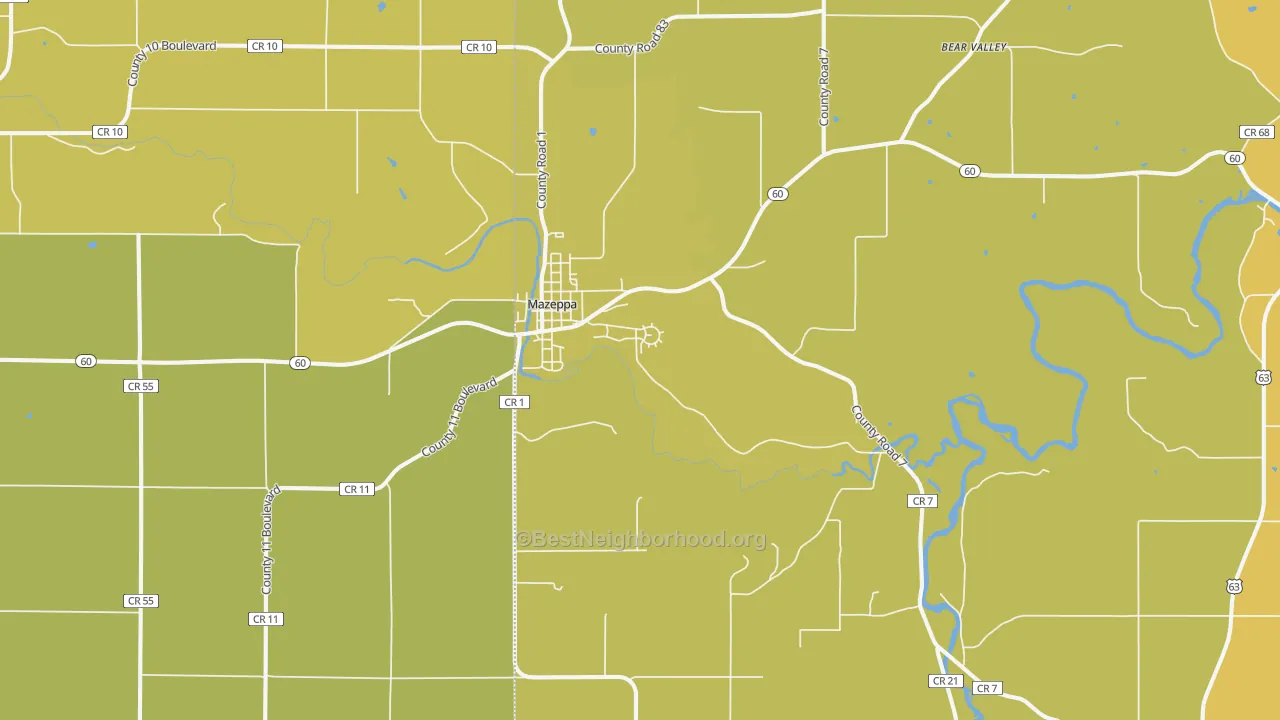 Map of the best neighborhoods in the 55956 area, with better matches in green and worse matches in red