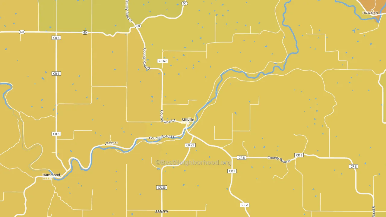 Map of the best neighborhoods in the 55957 area, with better matches in green and worse matches in red