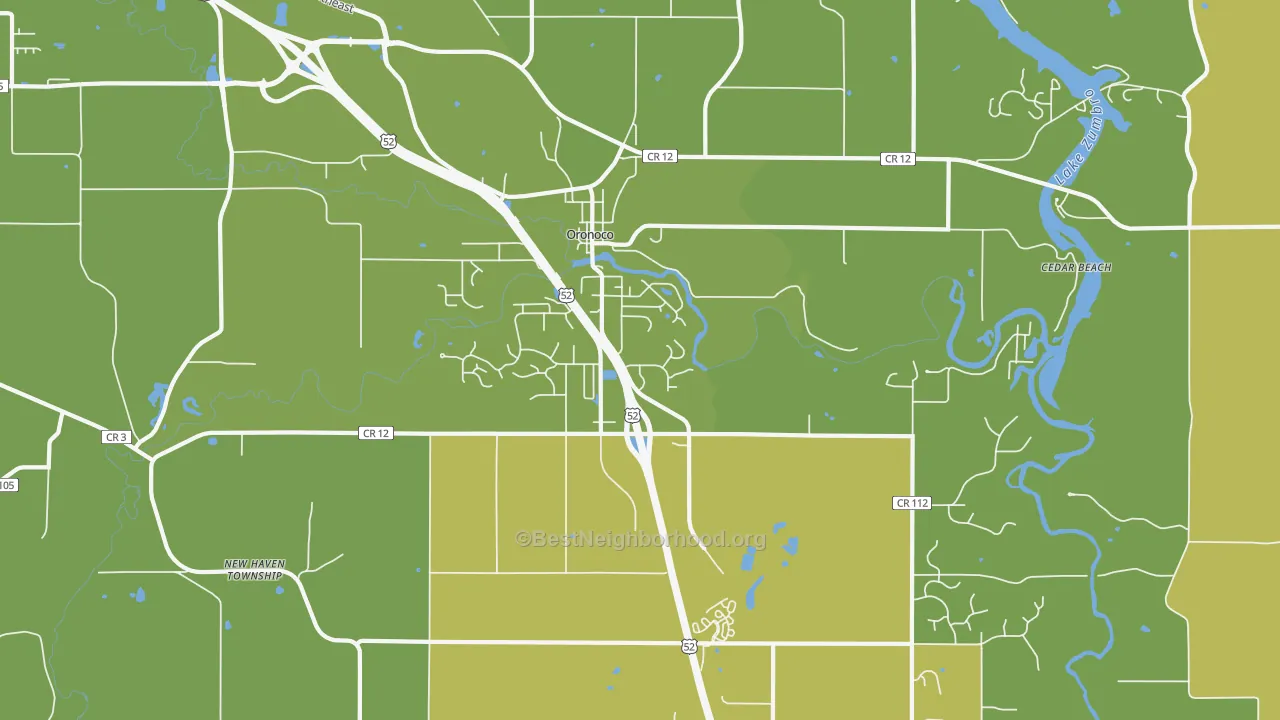 Map of the best neighborhoods in the 55960 area, with better matches in green and worse matches in red