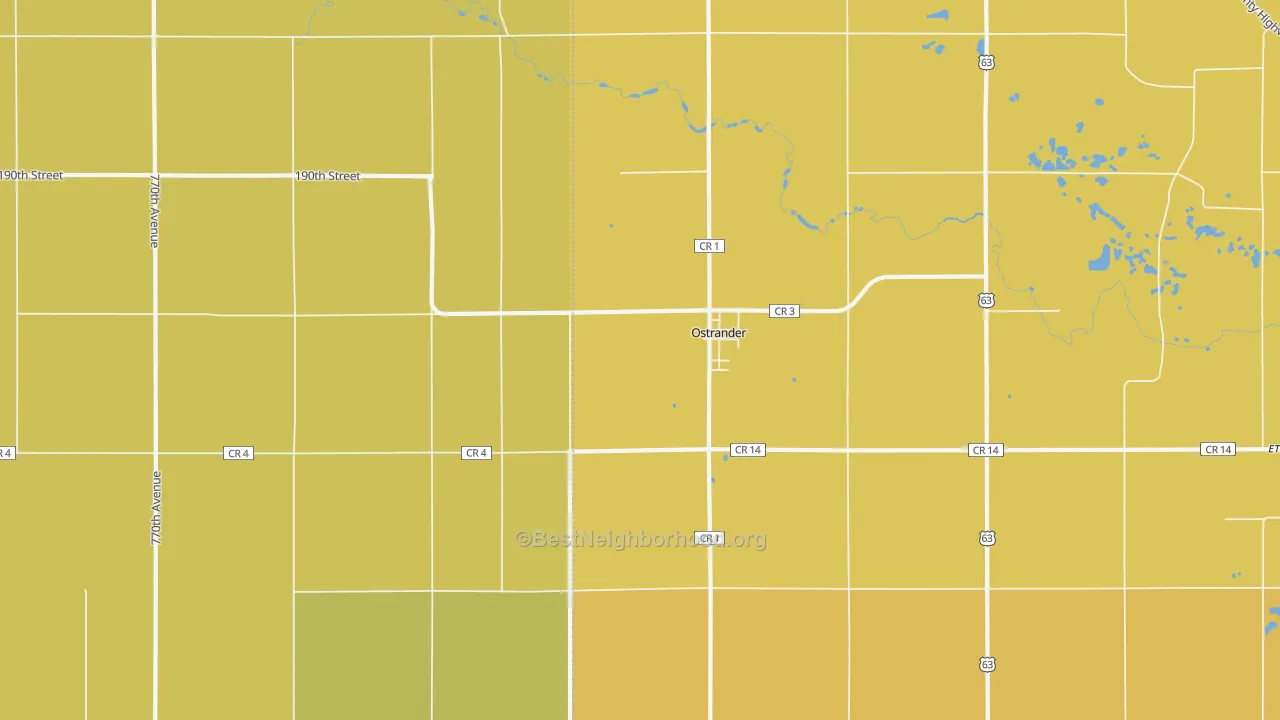 Map of the best neighborhoods in the 55961 area, with better matches in green and worse matches in red