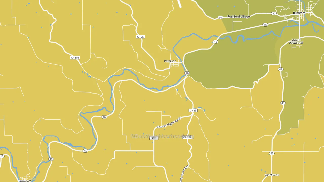 Map of the best neighborhoods in the 55962 area, with better matches in green and worse matches in red