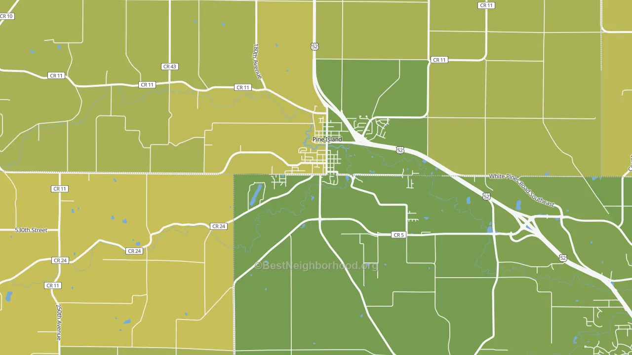 Map of the best neighborhoods in the 55963 area, with better matches in green and worse matches in red