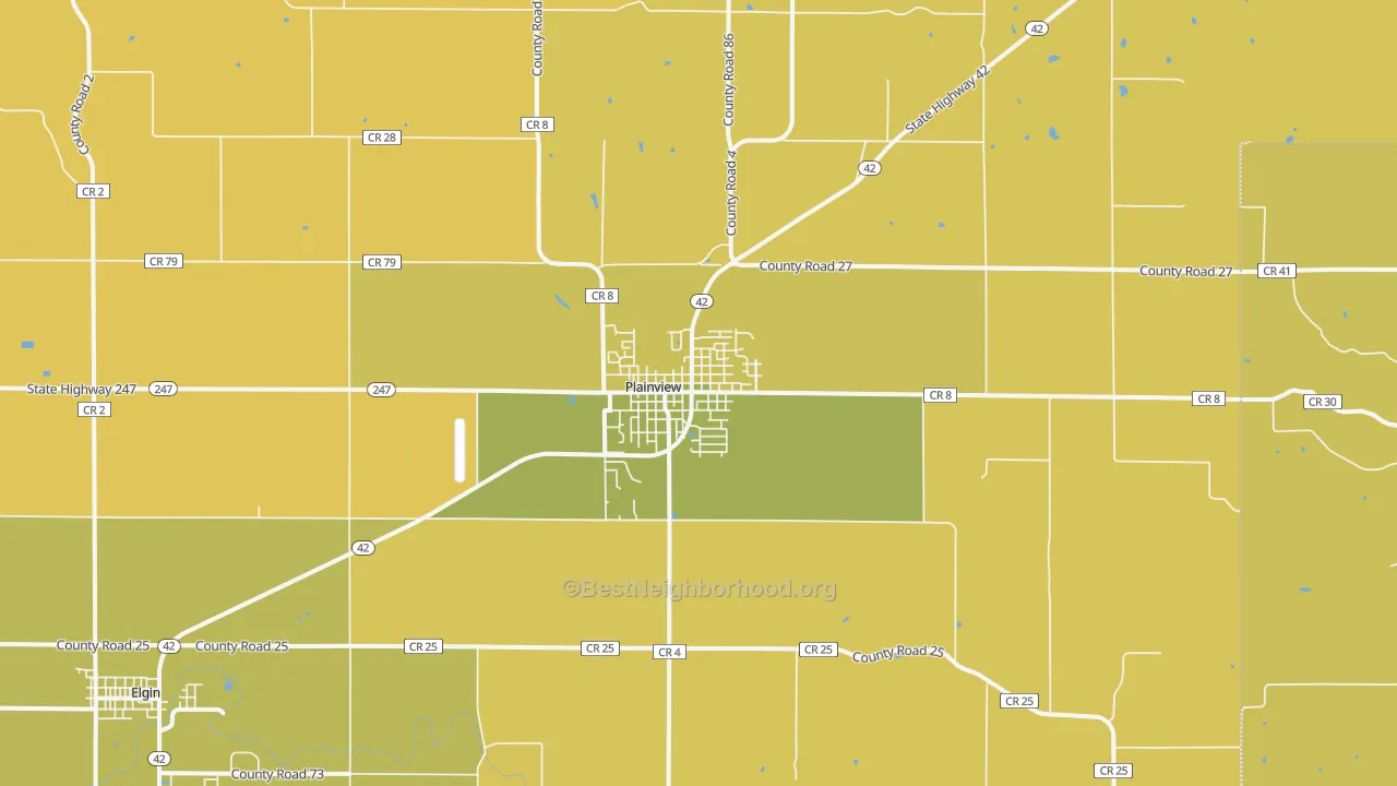 Map of the best neighborhoods in the 55964 area, with better matches in green and worse matches in red