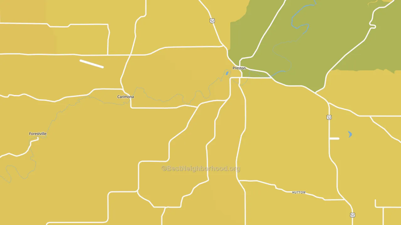 Map of the best neighborhoods in the 55965 area, with better matches in green and worse matches in red