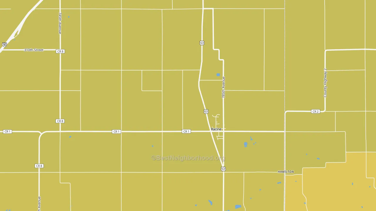 Map of the best neighborhoods in the 55967 area, with better matches in green and worse matches in red