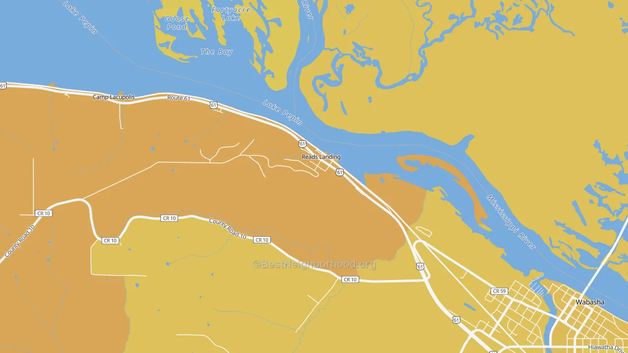 Map of the best neighborhoods in the 55968 area, with better matches in green and worse matches in red