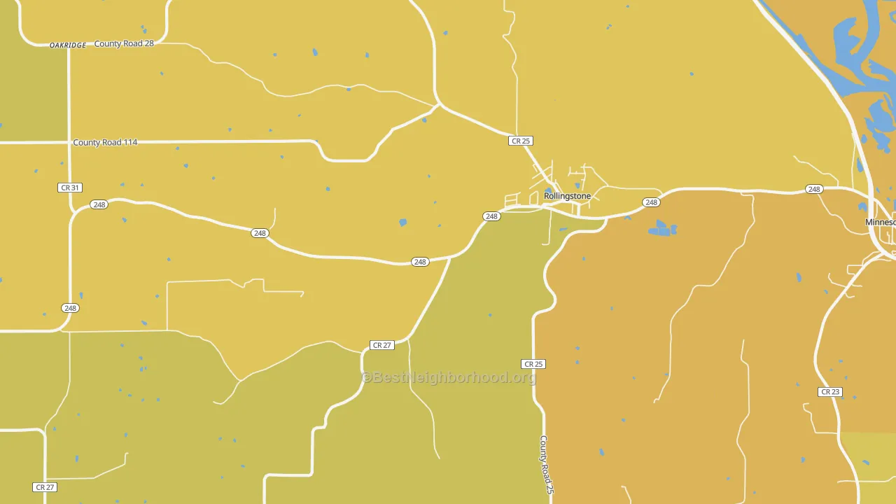 Map of the best neighborhoods in the 55969 area, with better matches in green and worse matches in red