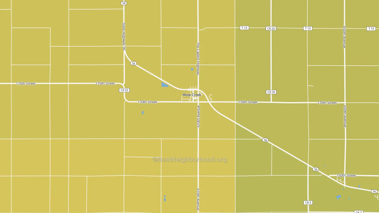 Map of the best neighborhoods in the 55970 area, with better matches in green and worse matches in red