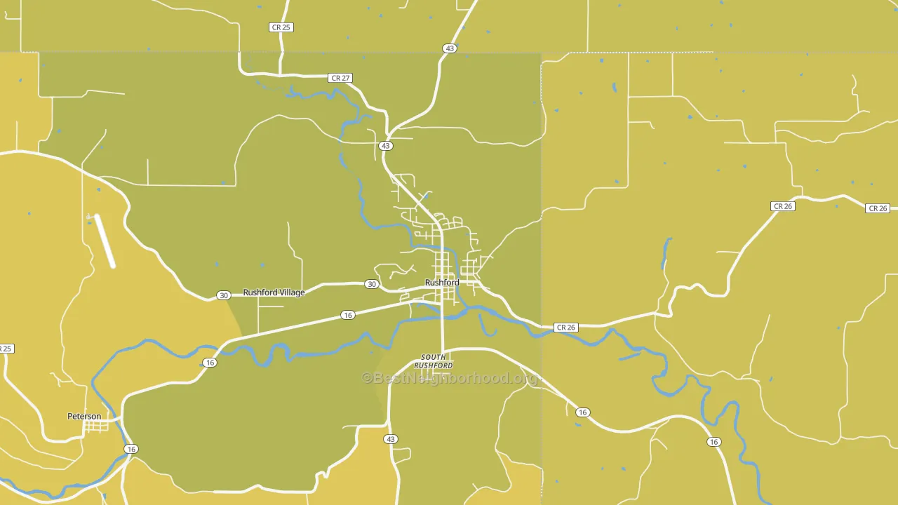 Map of the best neighborhoods in the 55971 area, with better matches in green and worse matches in red