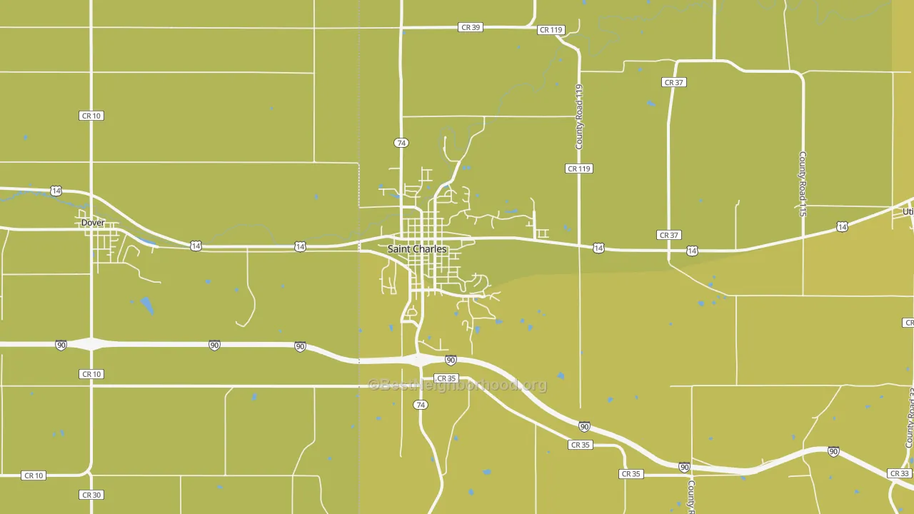 Map of the best neighborhoods in the 55972 area, with better matches in green and worse matches in red