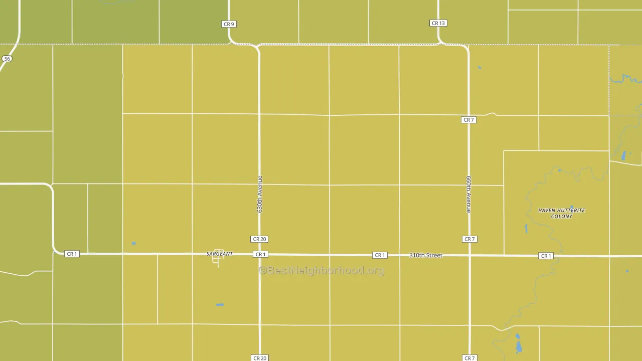 Map of the best neighborhoods in the 55973 area, with better matches in green and worse matches in red