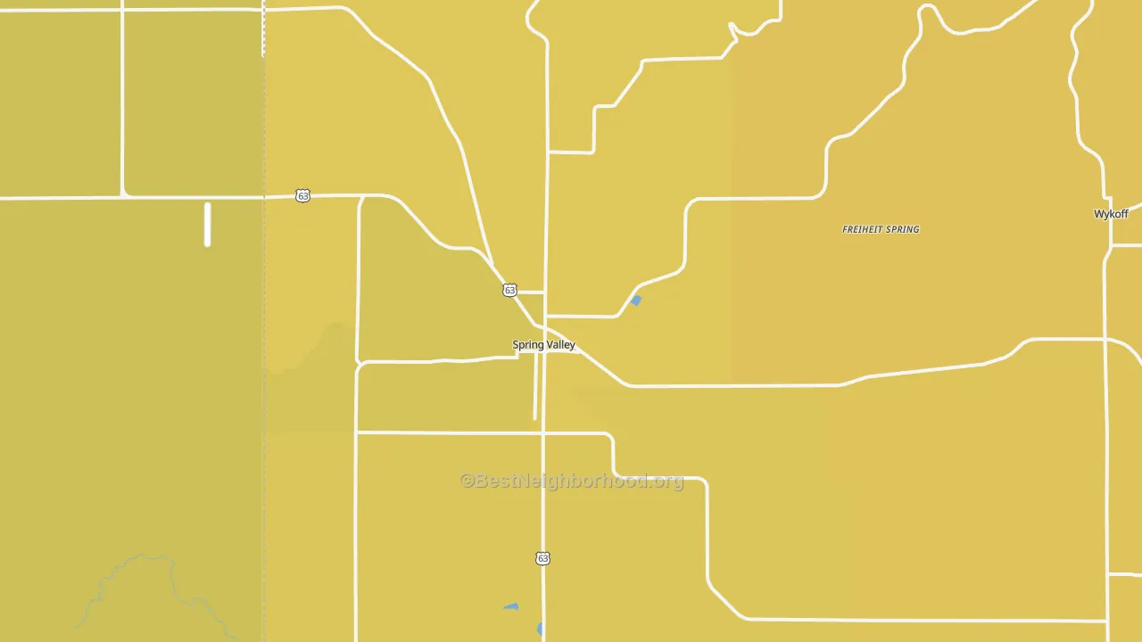 Map of the best neighborhoods in the 55975 area, with better matches in green and worse matches in red